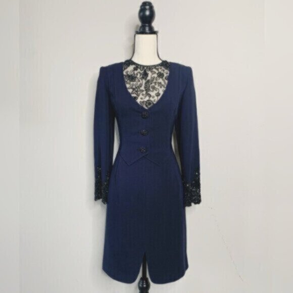 Badgley Mischka Vintage Navy Blue Lace Trim Button Accent Midi Dress - Picture 3 of 16